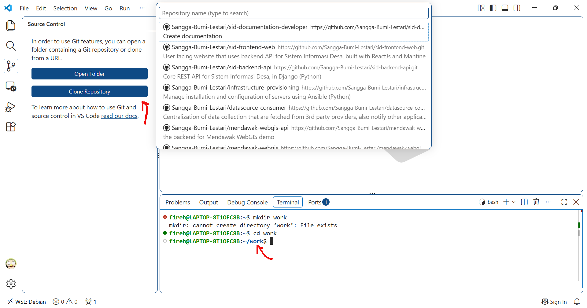 Create work directory and connect to Github
