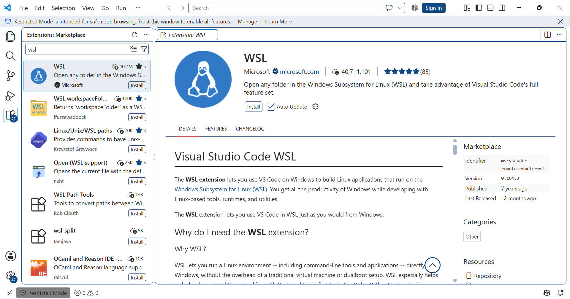 Install WSL extension