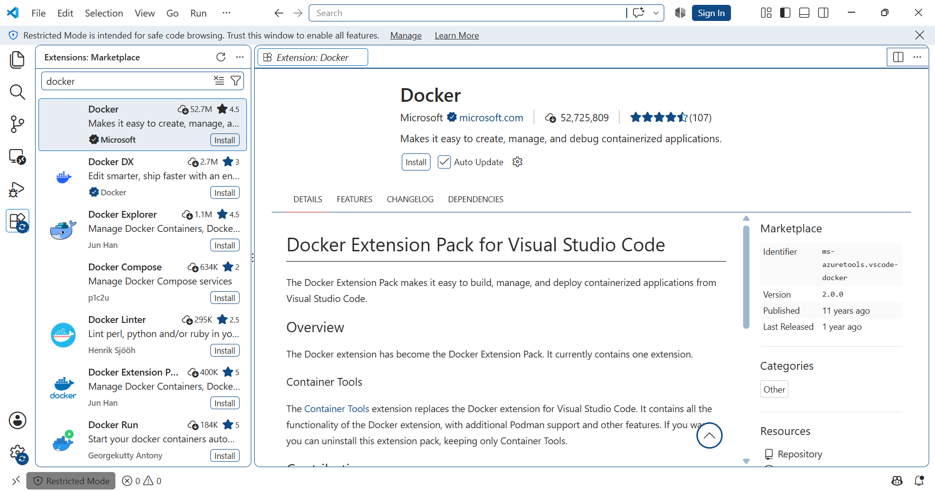 Install Docker extension