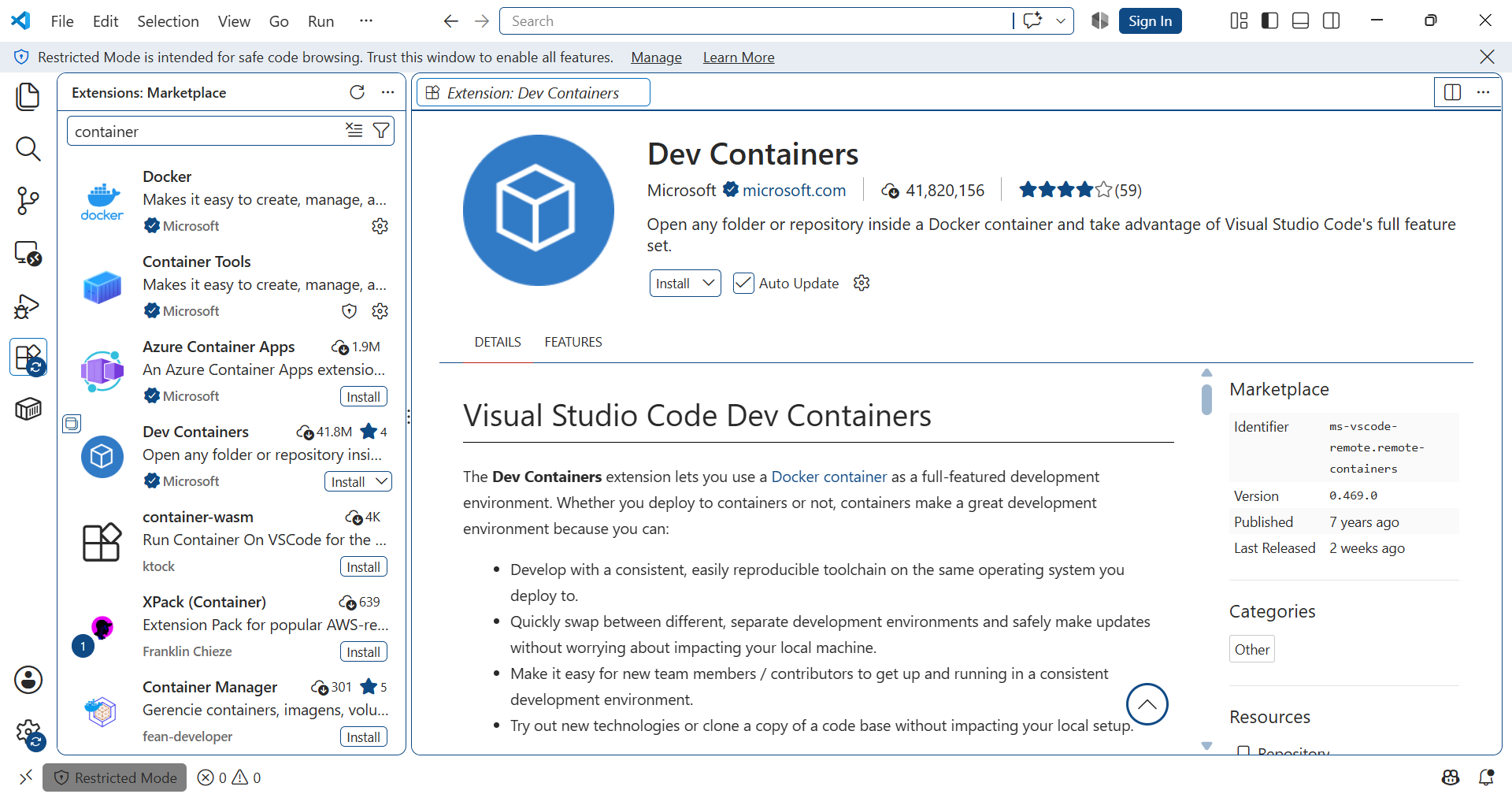 Install Dev Container extension