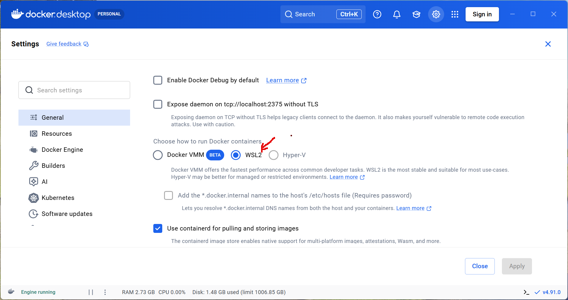 Use WSL as Docker backend engine
