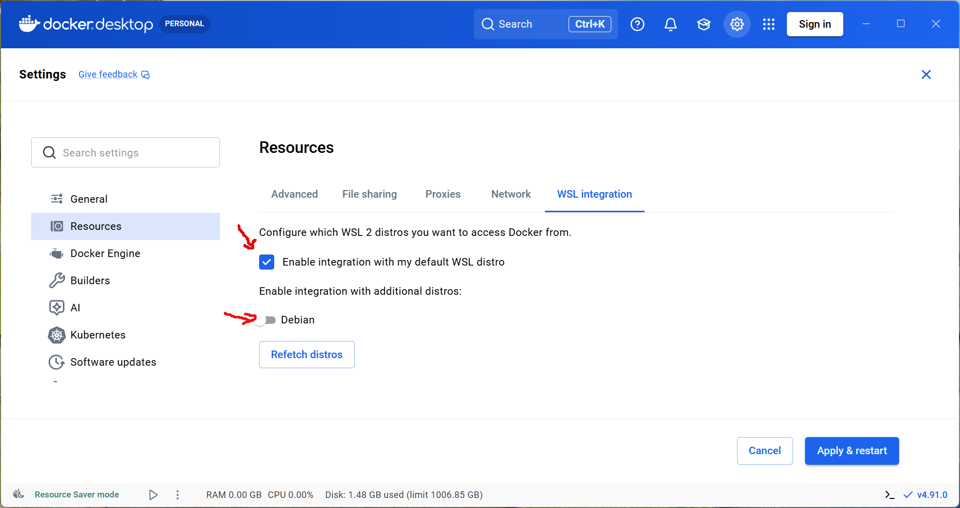 Use WSL as Docker resource